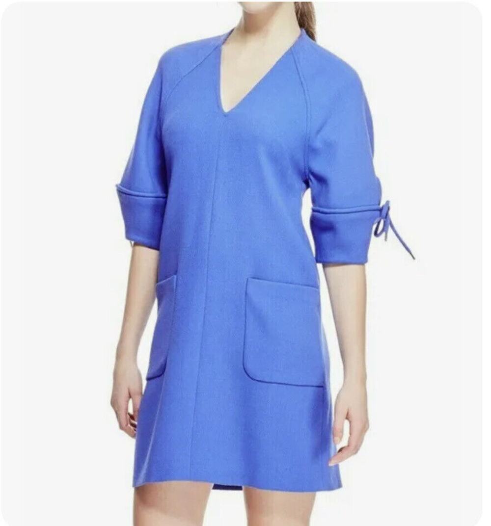 $1295 Lela Rose V Neck Dress Cobalt Blue Bow Sleeve Tunic Wool Crepe Sz 2